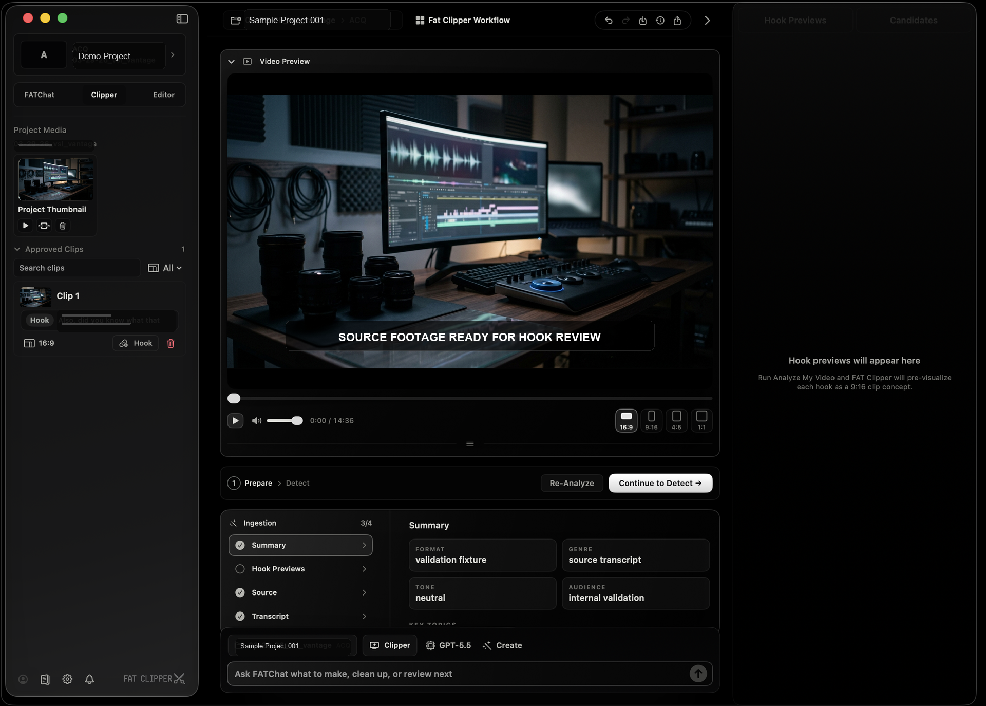 Fat Clipper Clipper Studio showing a source video preview, workflow steps, and hook preview area.