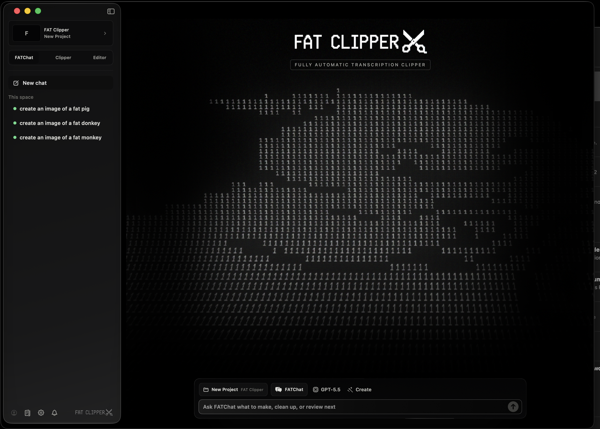 Fat Clipper FATChat surface with project navigation, chat history, and workspace composer.